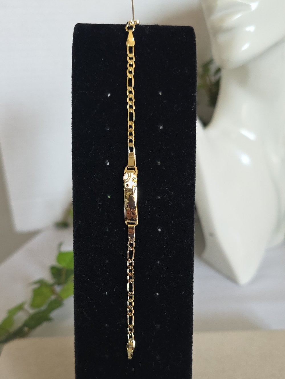 Gold Filled 6" Figaro Chain ID Bracelet With White Enamel Elephant